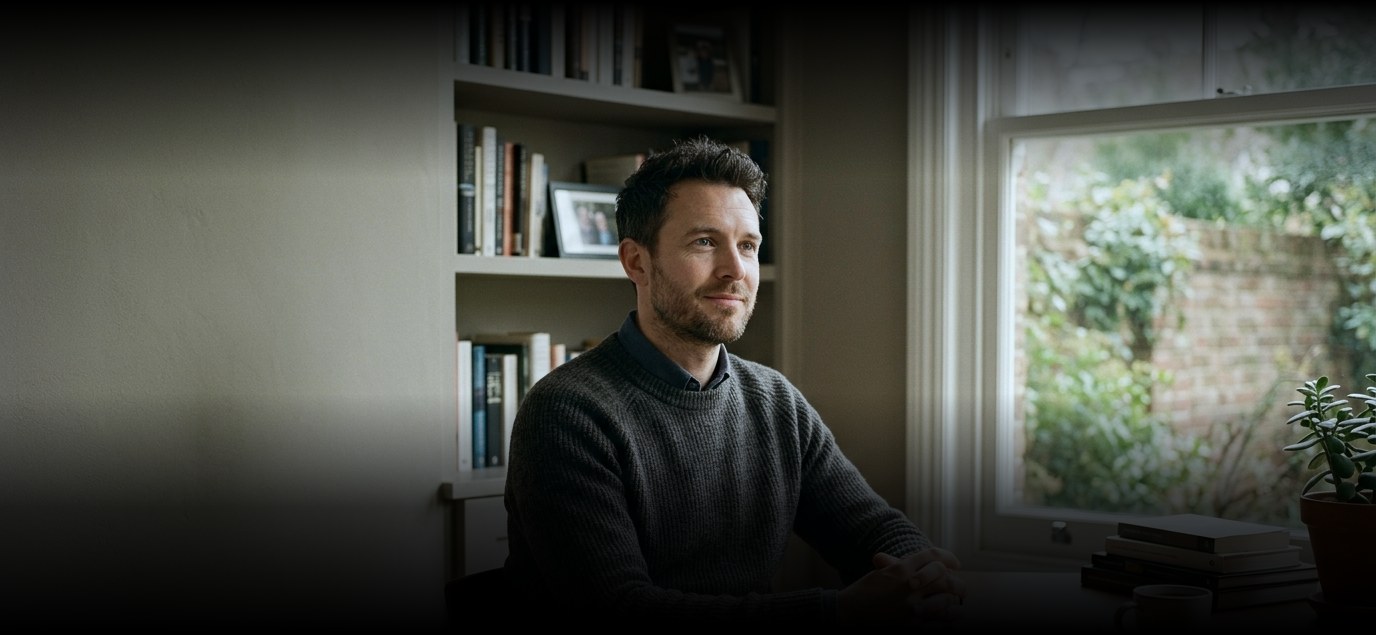 A man sitting by a window in a book-lined room, looking thoughtful.
