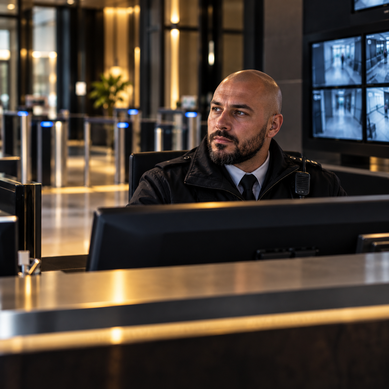 A security officer seated at a corporate reception desk, with CCTV monitors on the wall behind him.