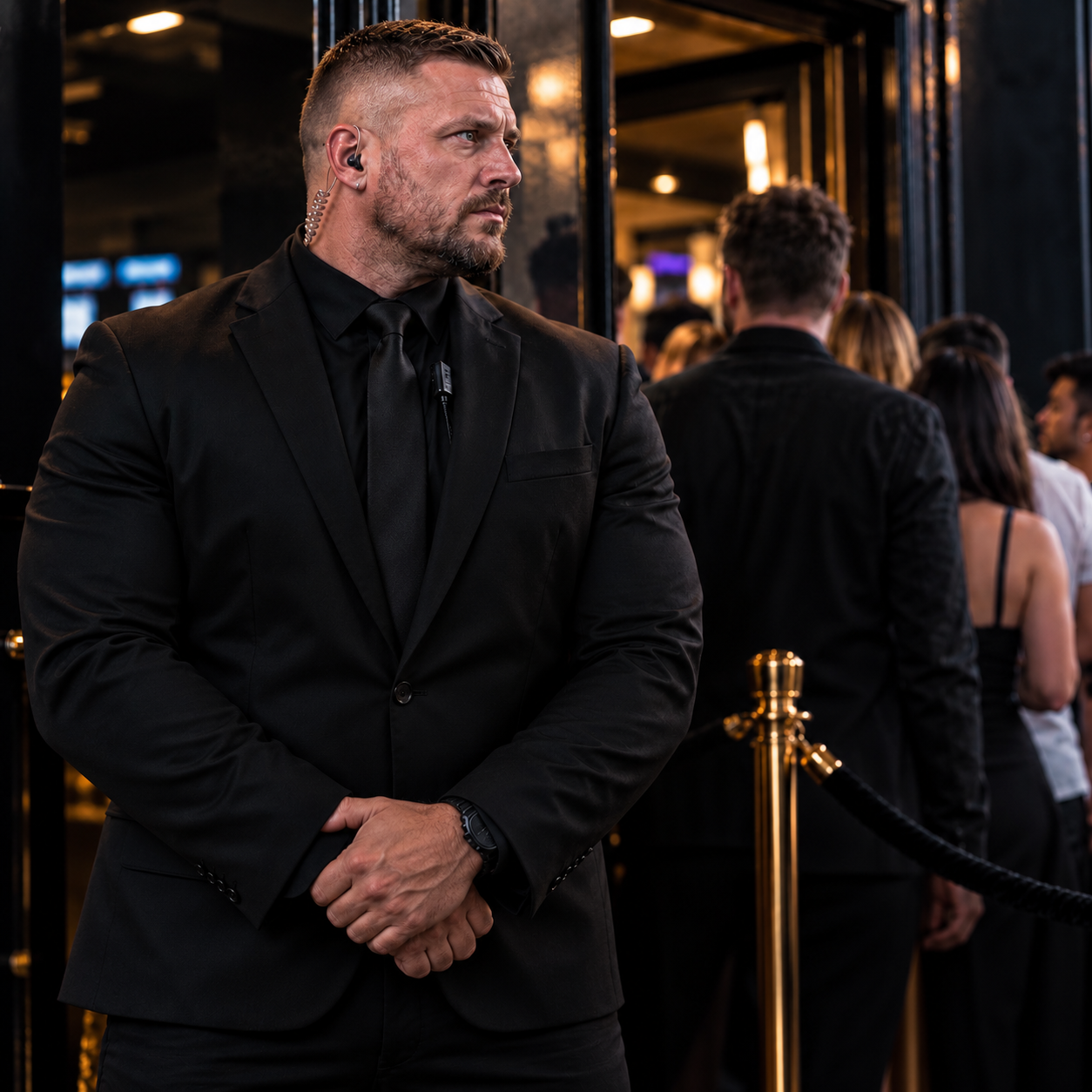 A door supervisor in a black suit and earpiece standing beside a velvet rope at a venue entrance while guests queue.